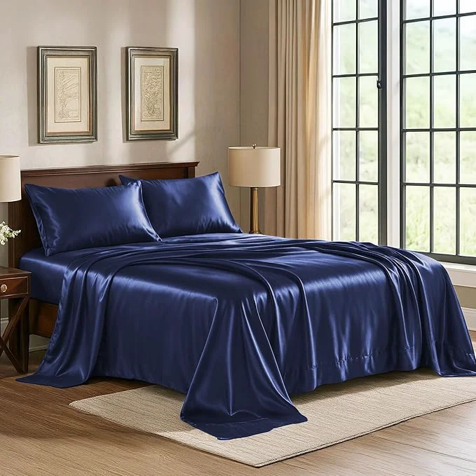 Refined Satin Sheets Queen 4-Piece Midnight Blue Hotel Luxury Silky Bed Sheets - Extra Soft 1800 Microfiber Sheet Set Wrinkle Fade Stain Resistant - Deep Pocket Fitted Sheet Flat Sheet Pillow Cases Powerful