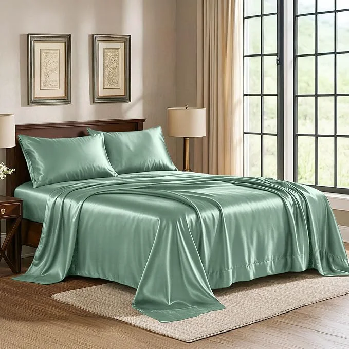 Reusable Pure Bedding Satin Sheets Twin 3-Piece Champagne Green Hotel Luxury Silky Bed Sheets - Extra Soft 1800 Microfiber Sheet Set Wrinkle Fade Deep Pocket Fitted Sheet Flat Sheet Pillow Cases Exclusive