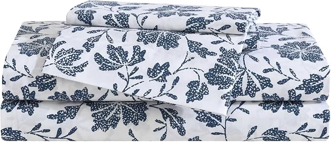 Fine Crafted Eddie Bauer - Queen Sheet Set Premium Cotton Percale Bedding Set Floral Home Decor Oeko-Tex Woodblock Floral Blue Queen Carefully Designed