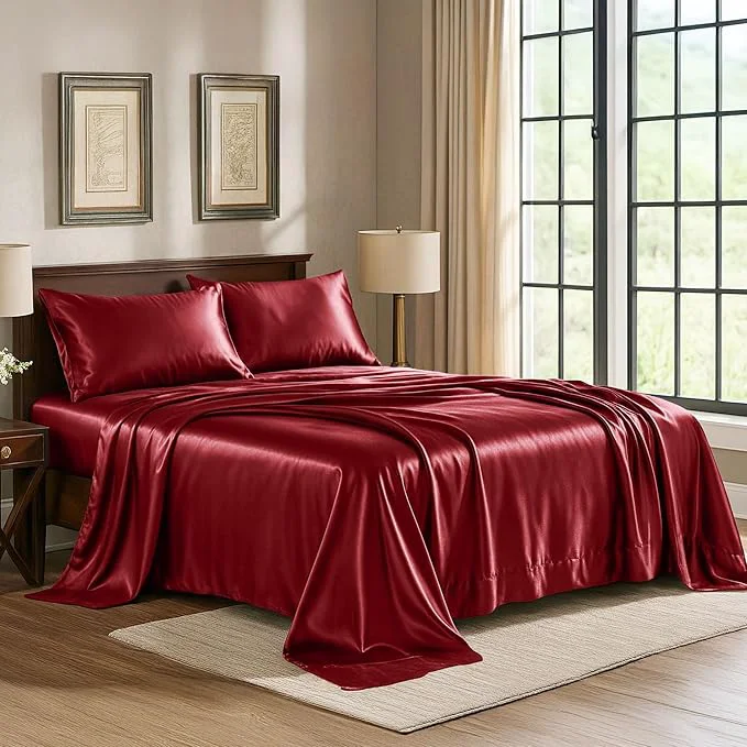 Fine Satin Sheets King 4-Piece Burgundy Hotel Luxury Silky Bed Sheets - Extra Soft 1800 Microfiber Sheet Set Wrinkle Fade Stain Resistant - Deep Pocket Fitted Sheet Flat Sheet Pillow Cases Functional