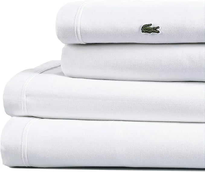 Verified Lacoste Cotton Percale 4-Piece Sheet Set – Cool Crisp Matte and Durable Oeko-Tex – Solid White California King Responsible