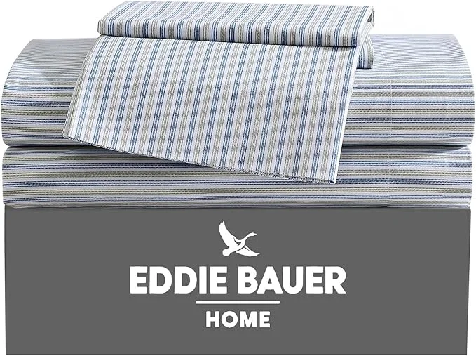 Expertly Made Eddie Bauer - Twin Sheets Cotton Percale Bedding Set Crisp amp Cool Home Decor Ticking Stripe Navy Green Twin Secure