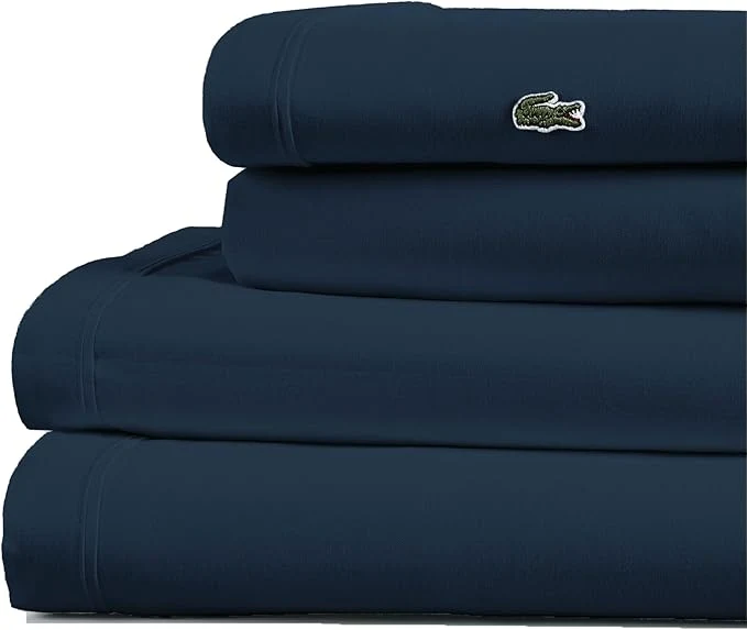High-End Lacoste Cotton Percale 4-Piece Sheet Set – Cool Crisp Matte and Durable Oeko-Tex – Solid Navy California King Modern