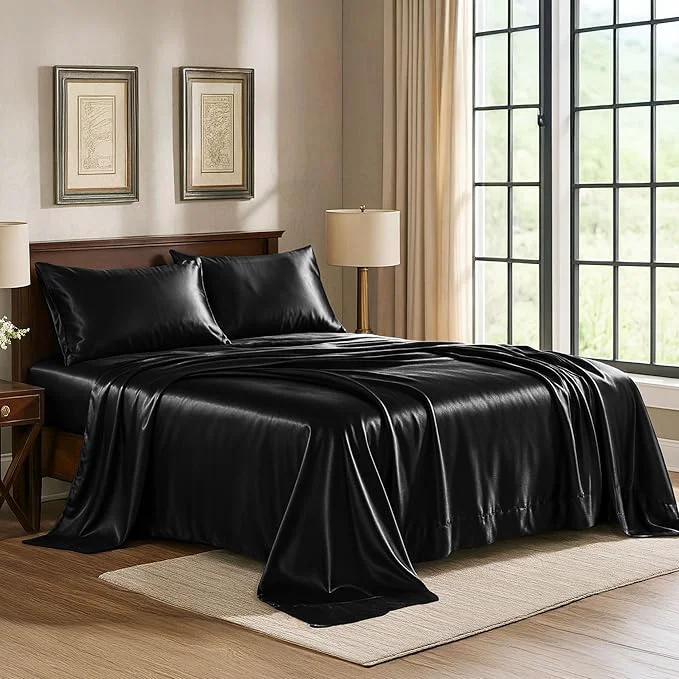 Elegant Pure Bedding Satin Sheets Twin 3-Piece Black Hotel Luxury Silky Bed Sheets - Extra Soft 1800 Microfiber Sheet Set Wrinkle Fade Deep Pocket Fitted Sheet Flat Sheet Pillow Cases Certified
