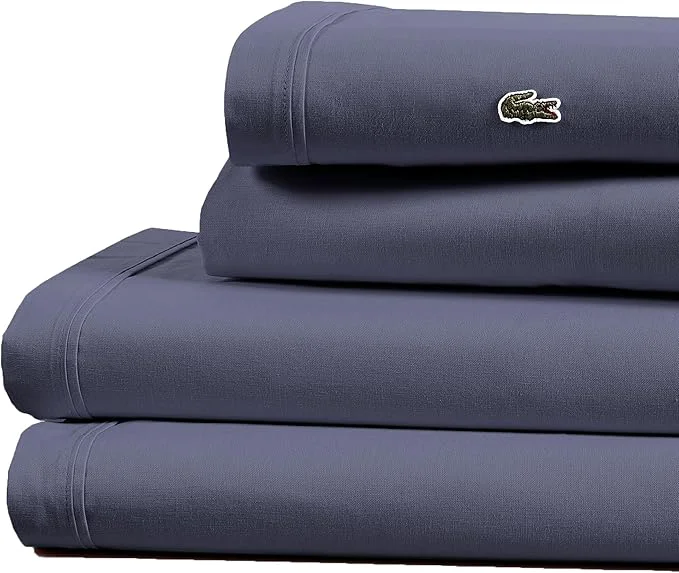 Lacoste Cotton Percale 4-Piece Sheet Set – Cool Crisp Matte and Durable Oeko-Tex – Solid Vintage Indigo Full First-Class