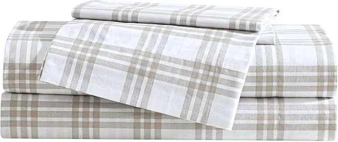 Functional Eddie Bauer - King Sheet Set Cotton Percale Bedding Set Super Soft and Bedding Set Oeko-Tex Basic Plaid Beige King Fast