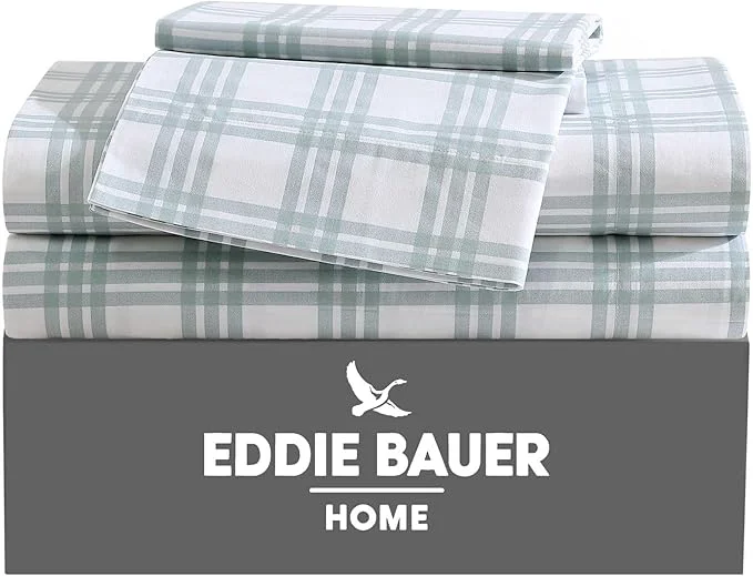 Official Eddie Bauer - King Sheets Cotton Percale Bedding Set Crisp amp Cool Home Decor Light Green Plaid King Artisan