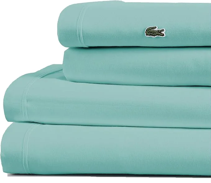 Authentic Lacoste Cotton Percale 4-Piece Sheet Set – Cool Crisp Matte and Durable Oeko-Tex – Solid Water Blue California King Efficient
