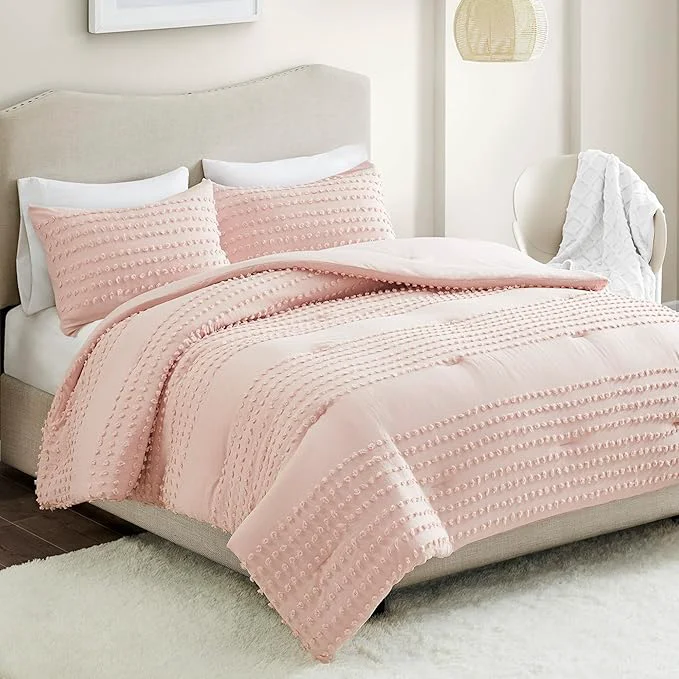 Functional Comfort Spaces Cotton Comforter Set Jacquard Pom-Pom Tufts Design Down All Season Modern Bedding Matching Shams Full Queen Phillips Blush Fast