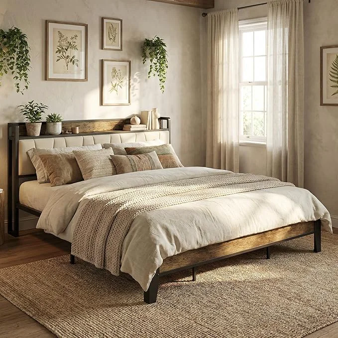 Original Design LIKIMIO King Bed Frame Storage Headboard with Charging Station Solid and Stable Noise No Box Spring Needed Easy Assembly Walnut and Beige Reusable