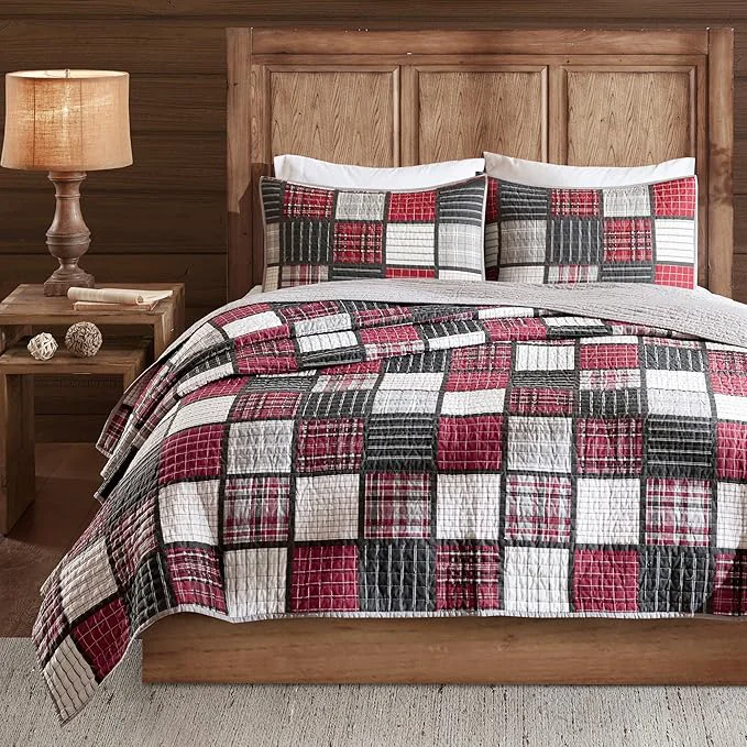 Contemporary Woolrich Reversible Quilt Cabin Lifestyle Design - All Season Breathable Coverlet Bedspread Bedding Set Matching Shams Oversized Full Queen Tulsa Plaid Red Grey 3 Piece Dependable