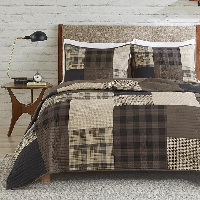 Woolrich Reversible Cotton Quilt Set - Cottage Styling Reversed to Solid Color All Season Patchwork Lightweight Coverlet Matching Shams Winter Hills Oversized Twin Twin XL Tan 2 Piece Modern
