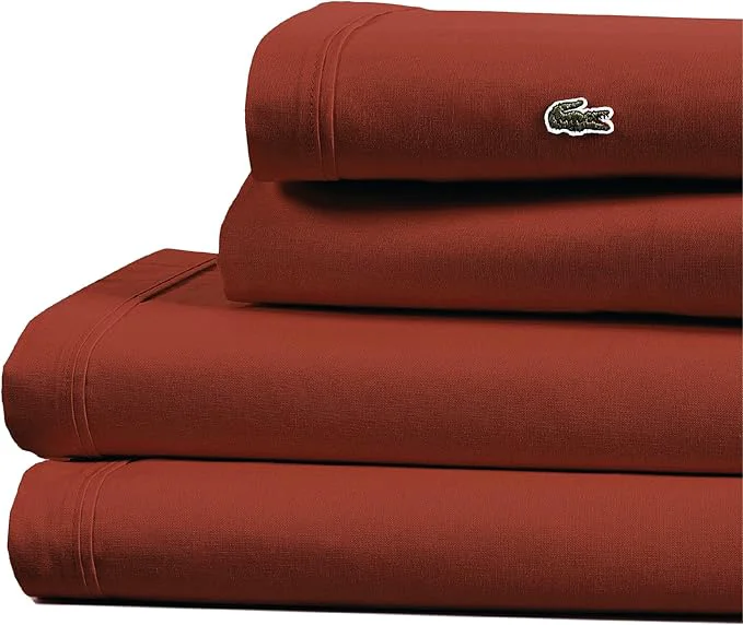 Sophisticated Lacoste Cotton Percale 4-Piece Sheet Set – Cool Crisp Matte and Durable Oeko-Tex – Solid Chili Pepper King High-End