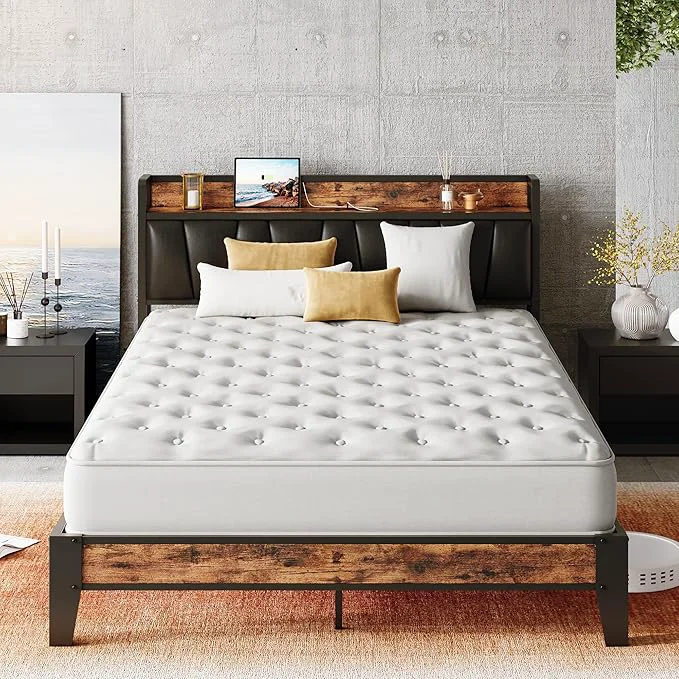 Fine Crafted LIKIMIO Full XL Bed Frame Storage Headboard with Charging Station Solid and Stable Noise No Box Spring Needed Easy Assembly Vintage and Black Premium Material
