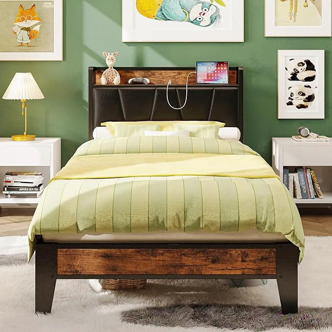 Durable LIKIMIO Twin XL Bed Frames Storage Headboard with Charging Station Solid and Stable Noise No Box Spring Needed Easy Assembly Vintage and Black Fashionable