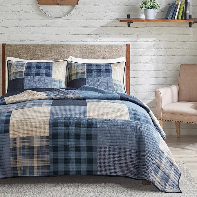 Secure Woolrich Quilt Set Patchwork Channel Quilting Cottage Coverlet for Twin Size Bed All Seasons Lightweight Prewashed Cotton Coverlet Bedspread Shams Winter Hills Oversized Full Queen Blue 3 Piece Crafted