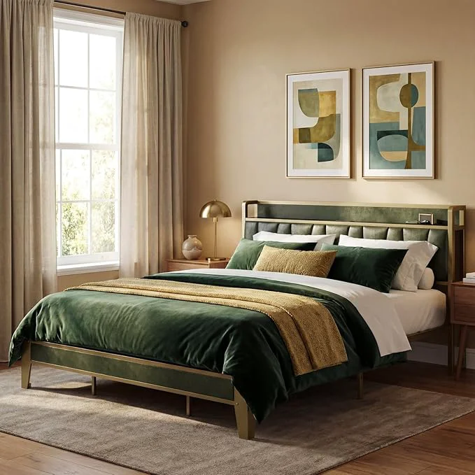 Reusable LIKIMIO California King Bed Frame Storage Headboard with Charging Station Solid and Stable Noise No Box Spring Needed Easy Assembly Dark Green Fast