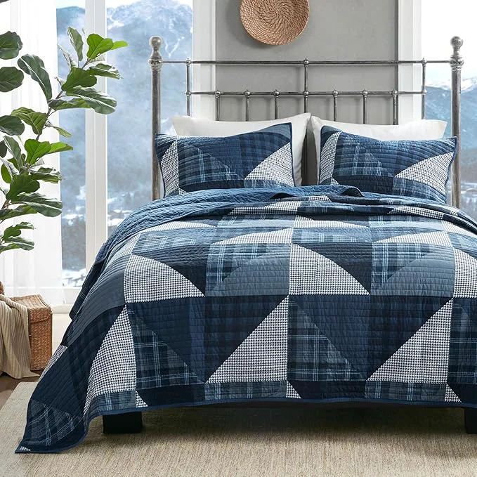 Durable Woolrich Olsen Reversible Quilt Set - Cottage Styling Reversed to Solid Color All Season Lightweight Coverlet Cozy Bedding Layer Matching Shams Oversized Full Queen Geometric Plaid Blue 3 Piece Premium