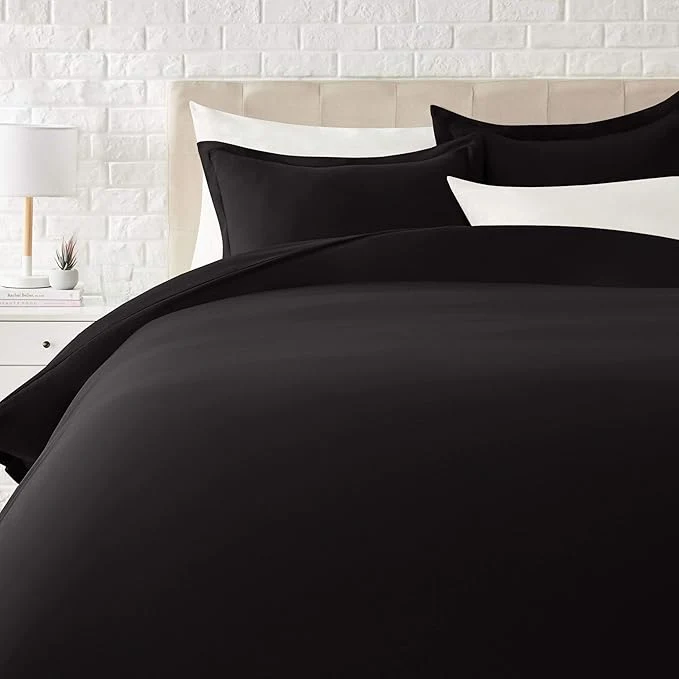 Unique Amazon Basics Lightweight Microfiber 3-Piece Duvet Cover Set with Zipper Closure Full Queen Black Solid Official