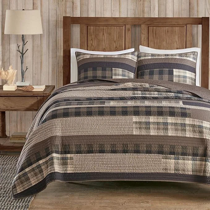 Environmentally Friendly Woolrich Reversible Quilt Set - Cottage Styling Reversed to Solid Color All Season Lightweight Coverlet Cozy Bedding Layer Matching Shams Oversized King Cal King Winter Plains Stripes Taupe Prestigious