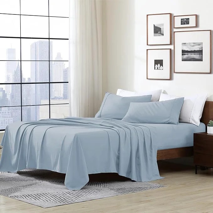 Comfortable Cathay Home Essentials Ultra Soft Hypoallergenic Wrinkle Resistant Double Brushed Microfiber Bedding Sheet Set Blue Fog Full Easy-to-Use