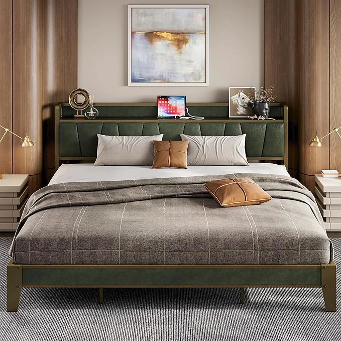 Next-Generation LIKIMIO King Bed Frame Storage Headboard with Charging Station Solid and Stable Noise No Box Spring Needed Easy Assembly Dark Green Verified