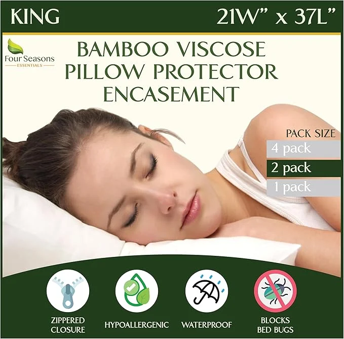 Secure Four Seasons Essentials King Size Waterproof Pillow Protectors Set of 2 - Natural Viscose derived from Bamboo Pillow Covers - Hypoallergenic Dust Proof Zippered Encasements for 20 quot x 36 quot Pillows Authentic