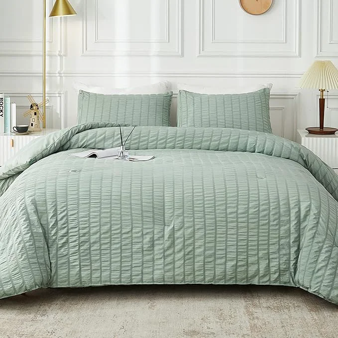 Recyclable AveLom Seersucker Queen Comforter Set Sage Green 90x90 3 Pieces Trendy