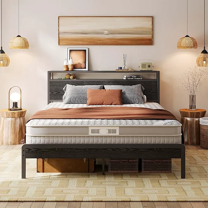 Recyclable LIKIMIO Queen Bed Frame with Headboard Dark Wood Camas Queen with Strong Supports Sturdy Noise- No Box Spring Needed Black User-Friendly