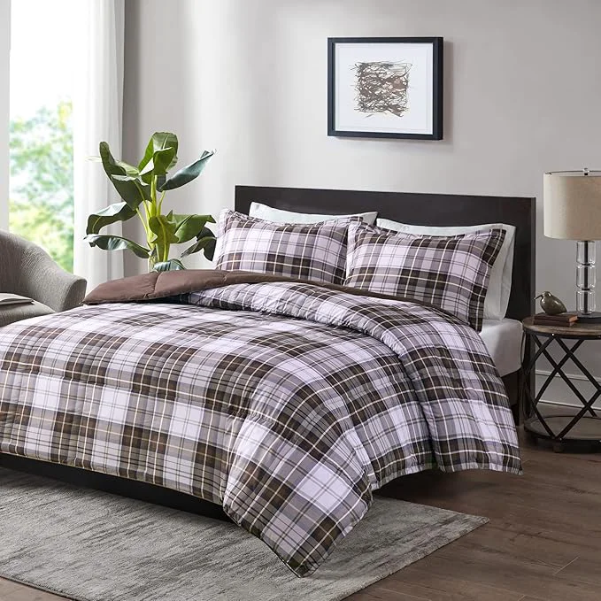 Natural Madison Park Essentials Parkston Plaid Comforter Matching Sham 3M Scotchguard Stain Release Cover Hypoallergenic All Season Bedding-Set Twin Twin XL Brown 2 Piece Reusable