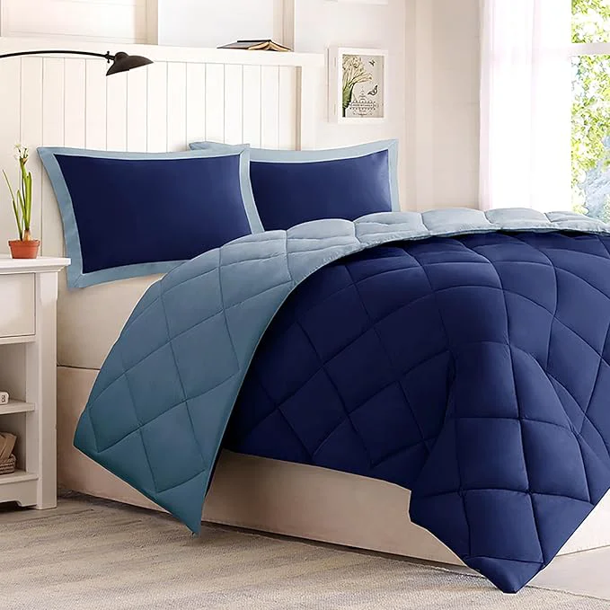 Effective Madison Park - BASI10-0199 Larkspur All Season Reversible Two Sides Down Set 3M Stain Release Comforters Full Queen Navy Light Blue Natural