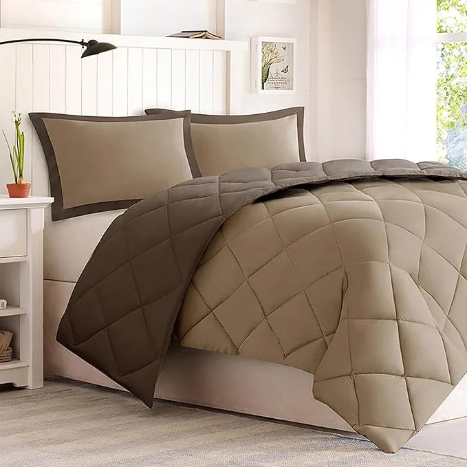 Contemporary Madison Park Essentials Larksppur Reversible Down 3M Scotchard Comforter Mini Set Full Queen Brown Sand Refined