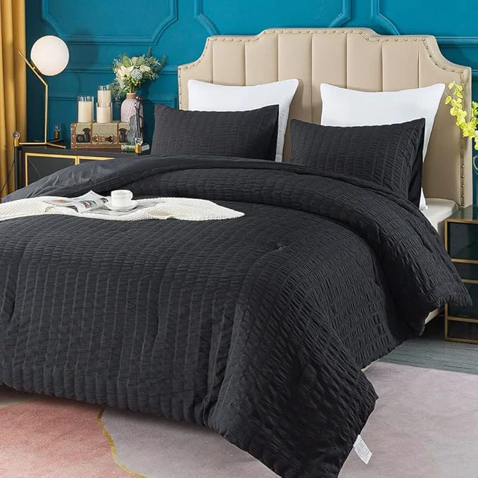 Clean AveLom Seersucker Full Comforter Set 80x90 inches 3 Pieces - Soft Washed Microfiber Lightweight Comforter with 2 Pillowcases All Season Down Comforter Set for Bedding Black Organic