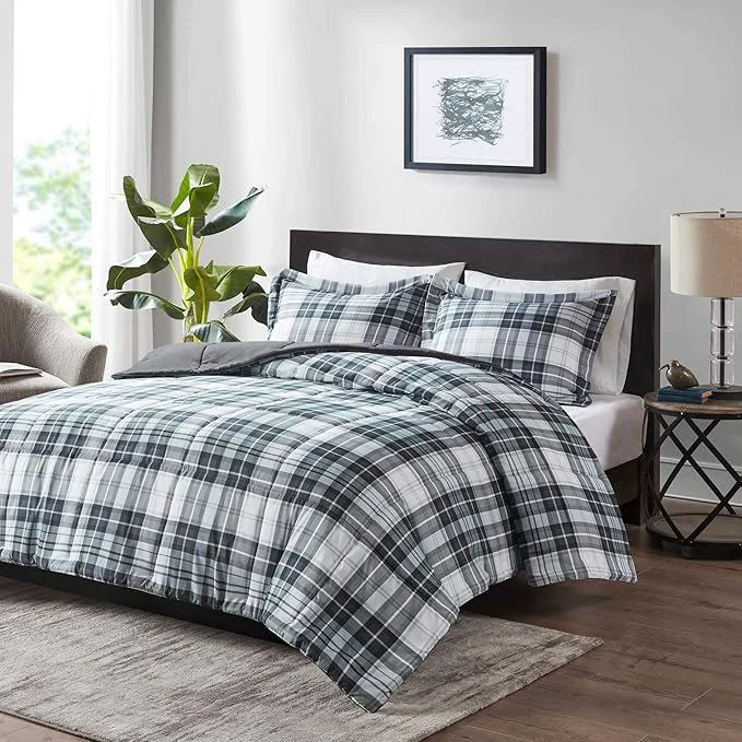 Verified Madison Park Essentials Parkston Plaid Comforter Matching Sham 3M Scotchguard Stain Release Cover Hypoallergenic All Season Bedding-Set King California King Black 3 Piece Refined