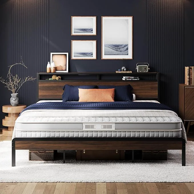 Verified LIKIMIO King Bed Frame with Headboard Dark Wood Camas King with Strong Supports Sturdy Noise- No Box Spring Needed Dark Walnut Contemporary