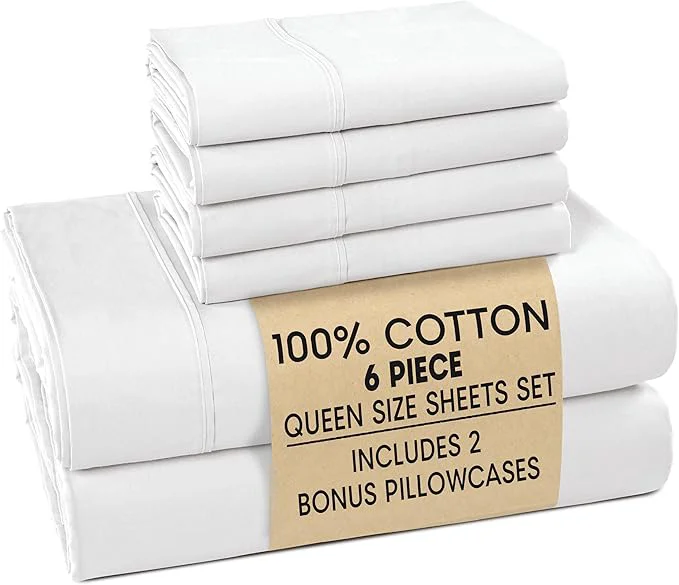 Official Casa Platino Queen Sheets Set – Cotton Queen Sheets with 4 Pillowcases Lightweight Feel amp Secure Fit Crisp amp Breathable Percale Weave with 15 quot Deep Pocket Soft and Cozy – Pure White Advanced