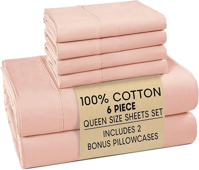 Official Casa Platino Cotton Queen Size Sheets Set – 6 Piece Crisp Percale Queen Size Cooling Sheets Lightweight for Summer with 15 quot Deep Pocket Fitted Sheet Nightly Comfort amp Airy Sleep – Veiled Rose Outstanding
