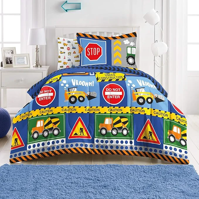 Green dream FACTORY Kids 5-Piece Complete Set Easy-Wash Super Soft Microfiber Comforter Bedding Twin Navy Blue Under Construction Optimized
