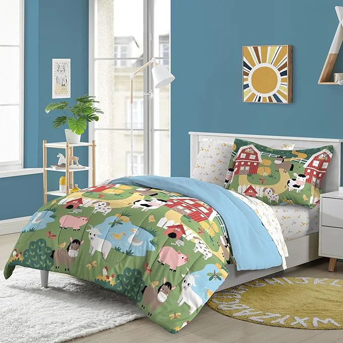 Advanced Dream Factory Kids 5-Piece Complete Bed Set Easy-Wash Super Soft Microfiber Comforter Bedding Twin Multi Barnyard Animals Prestigious