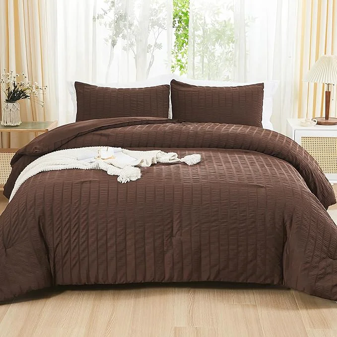 Fine Crafted AveLom Brown Seersucker King Comforter Set 104x90 inches 3 Pieces- Soft Washed Microfiber Lightweight Comforter with 2 Pillowcases All Season Down Comforter Set for Bedding Premium