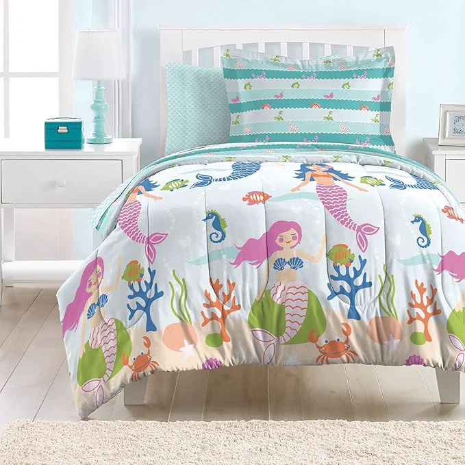 Consistent dream FACTORY Kids 5-Piece Complete Set Easy-Wash Super Soft Microfiber Comforter Bedding Twin Light Blue Mermaid Dreams High-Quality