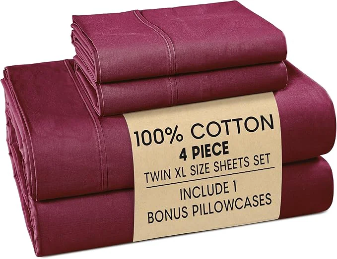 Easy-to-Use Casa Platino Twin XL Size Sheet Set – 4 Piece Cooling Sheets Twin XL Size Cotton Crisp Percale Sheets with Breathable amp Cozy Feel 15 quot Deep Pocket Fitted Sheet for Secure Fit – Windsor Wine Eco-Friendly