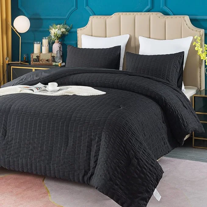 Clean AveLom Black Seersucker Twin Twin XL Comforter Set 68x90 inches 2 Pieces- Soft Washed Microfiber Lightweight Comforter with 1 Pillowcase All Season Down Comforter Set for Bedding Dependable