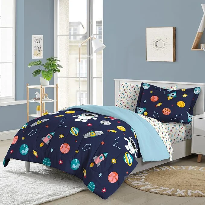 Classic Dream Factory Kids 5-Piece Complete Bed Set Easy-Wash Super Soft Microfiber Comforter Bedding Twin Blue Space Galaxy Luxury
