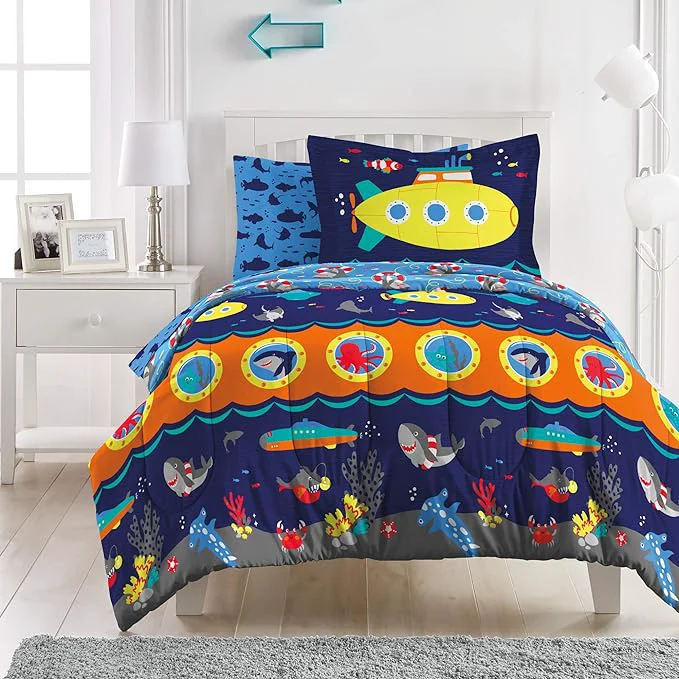 Smooth dream FACTORY Kids 7-Piece Complete Set Easy-Wash Super Soft Microfiber Comforter Bedding Full Navy Submarine Authentic