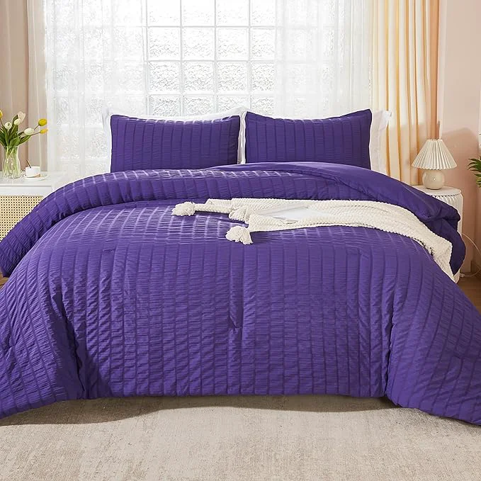 Stylish AveLom Dark Purple Seersucker Twin Comforter Set 68x90 inches 2 Pieces-Soft Washed Microfiber Lightweight Comforter with 1 Pillowcase All Season Down Comforter Set for Bedding Fine Crafted