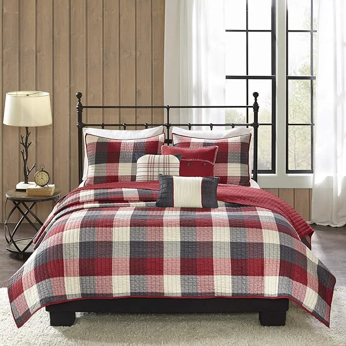 Elite Madison Park Reversible Quilt Cabin Lifestyle Plaid Design - All Season Breathable Coverlet Bedspread Bedding Set Matching Shams Full Queen 90 quot x90 quot Red 6 Piece Minimalist