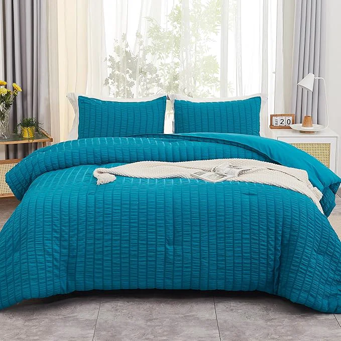 Authentic AveLom Teal Seersucker Queen Comforter Set 90x90 inches 3 Pieces- Soft Washed Microfiber Lightweight Comforter with 2 Pillowcases All Season Down Comforter Set for Bedding Long-Lasting