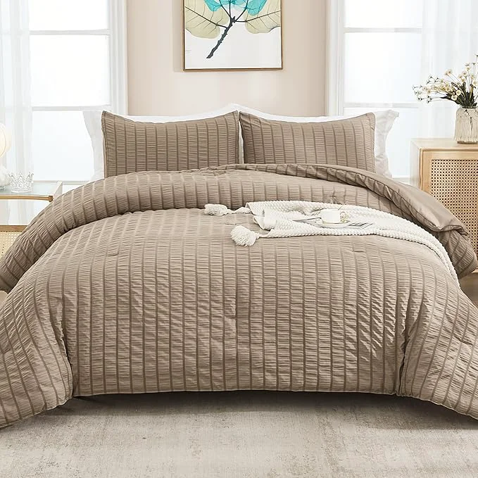 Eco-Friendly AveLom Taupe Seersucker Full Comforter Set 80x90 inches 3 Pieces- Soft Washed Microfiber Lightweight Comforter with 2 Pillowcases All Season Down Comforter Set for Bedding Innovative