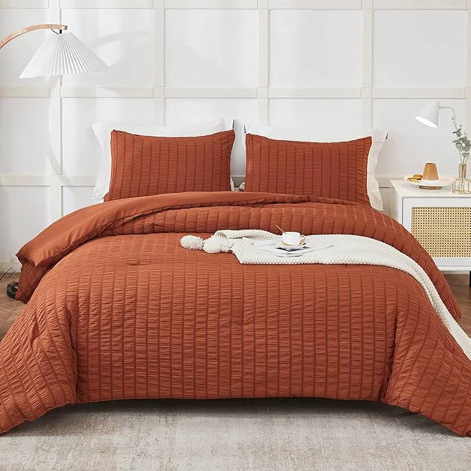Authentic AveLom Terracotta Seersucker California King Comforter Set 104x96 inches 3 Pieces- Soft Washed Microfiber Lightweight Comforter with 2 Pillowcases All Season Down Bedding Set Crafted